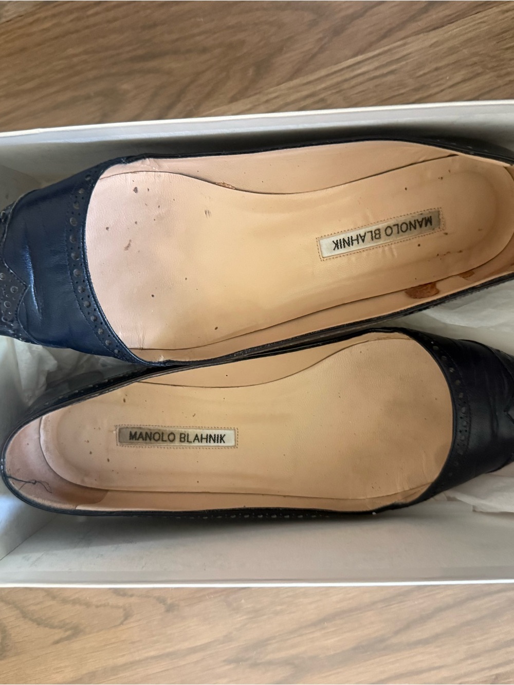 Manolo Blahnik Navy Leather Ballet Flats
